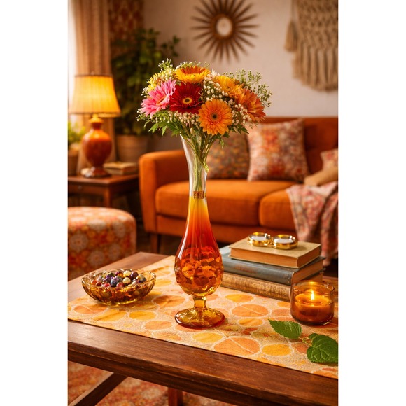 Vintage Amber Orange Swirl Glass Vase Tall Schlieren Style Swing‎ Vase